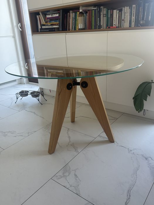 Stol drewniany dwa blaty, szklany blat