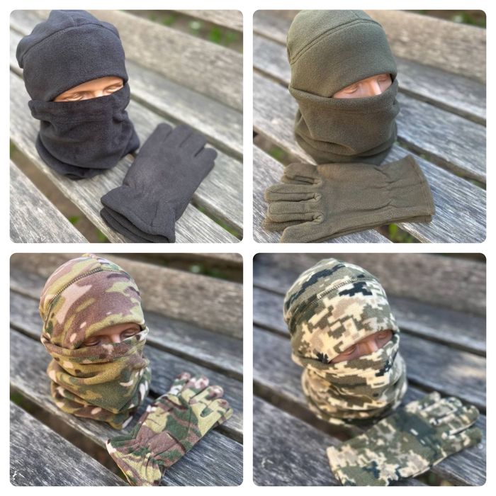 Зимовий флісовий комплект шапка + баф олива, піксель, мультикам S M L