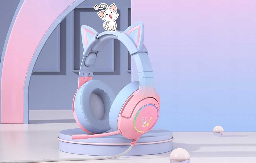 Słuchawki Dla Graczy Różowe Kocie Uszy LED Gamingowe Na PC PS5 Laptop