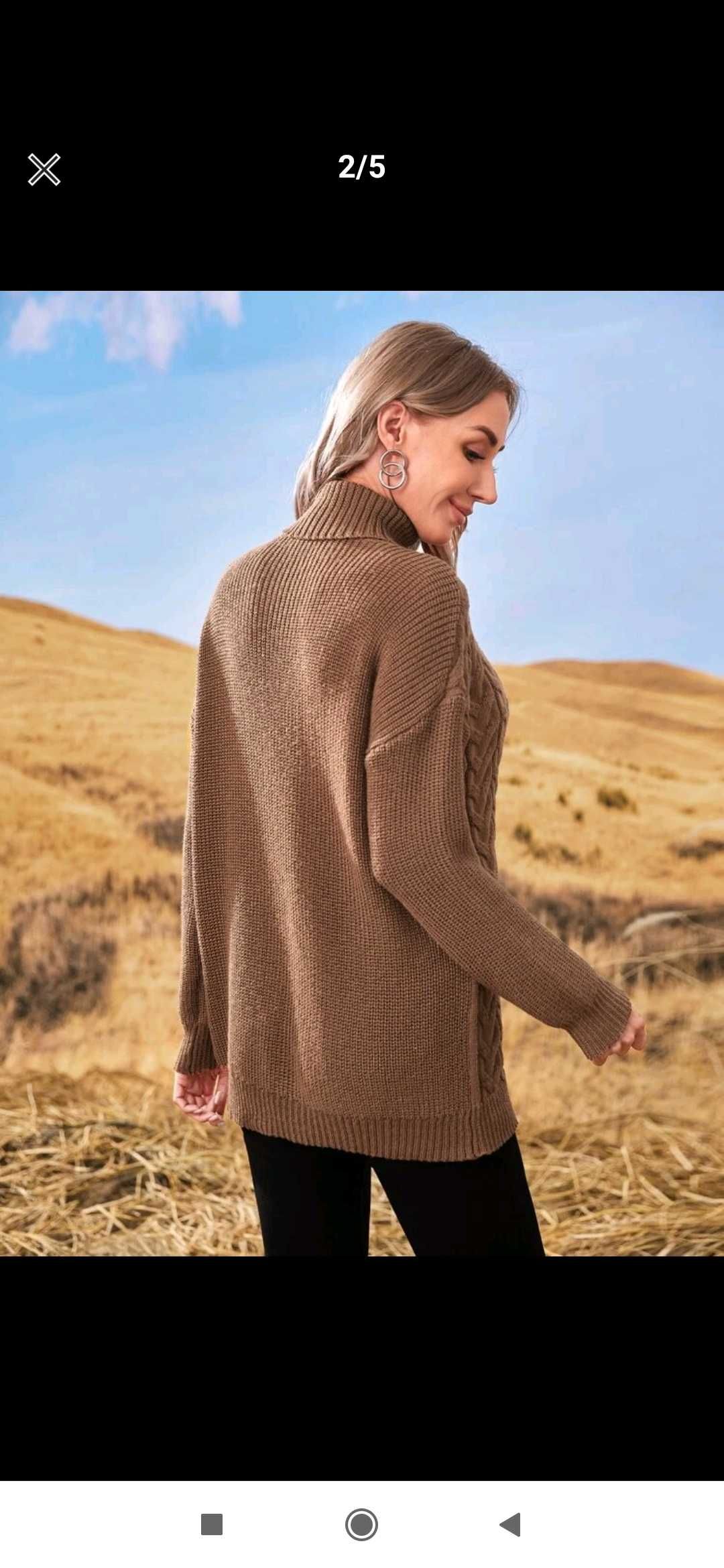 Nowy sweter damski długi brązowy warkoczowy splot sukienka 38