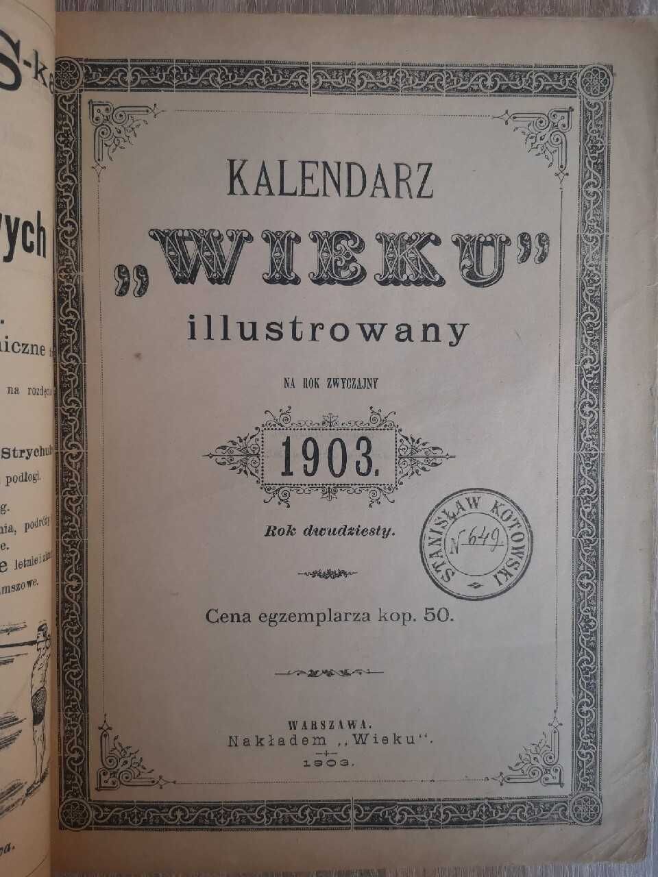 Kalendarz "WIEKU" ilustrowany 1903r
