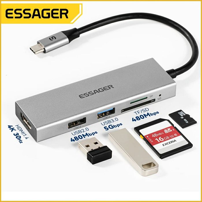 Essager USB hub 5 in 1 Type-C HDMI, хаб, адаптер, концентратор Macbook