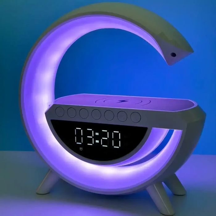 Нічник-лампа акамуляторна з годинником і безпровідною зарядкою, колонк