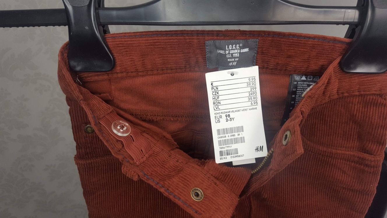 Spodnie H&M sztruksy 98 bordowe rurki 2-3 L ceglany