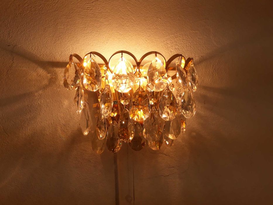 Kinkiet mosiężny kryształowy kryształowe kryształki z wyłącznikiem