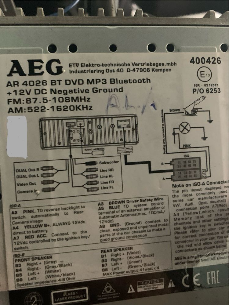 Auto Rádio AEG CD/DVD/BT AR 4026