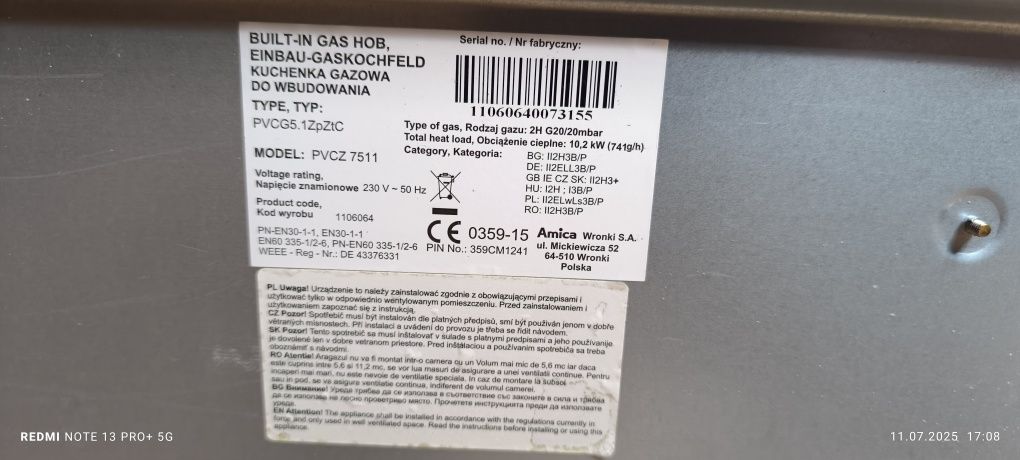 Amica płyta gazowa pięciopalnkowa do zabudowy