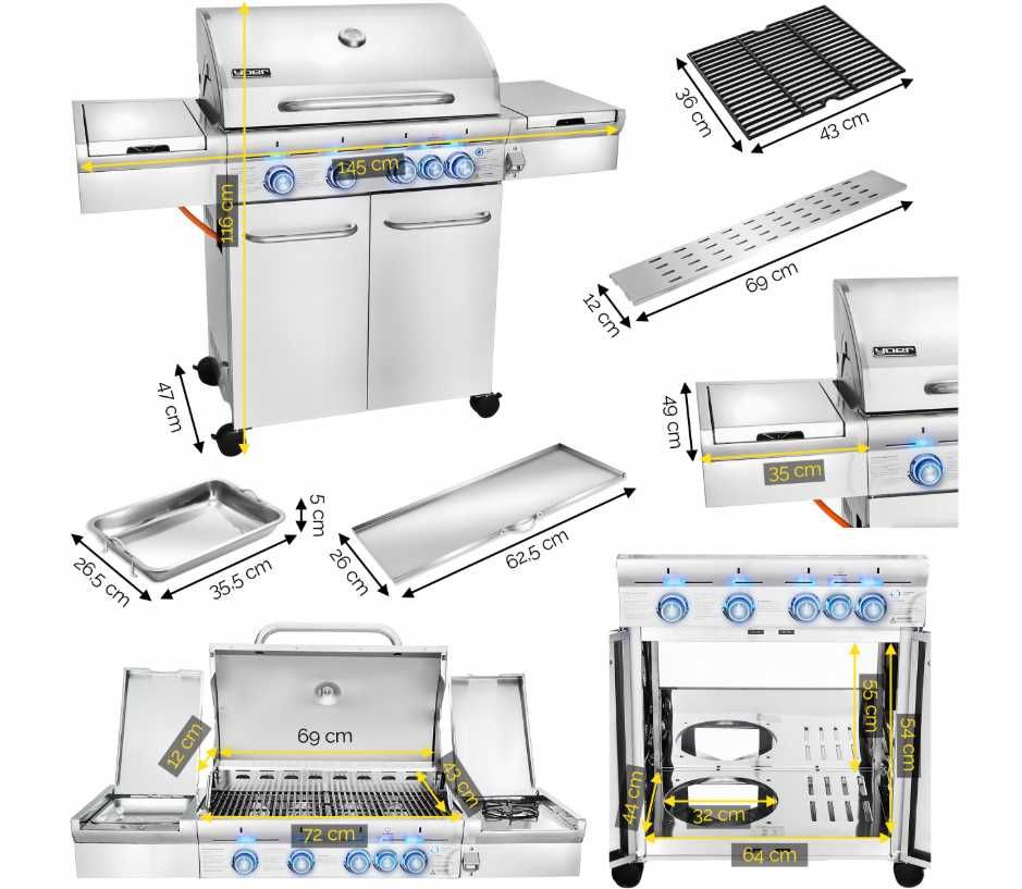 Grill gazowy Ogrodowy ŻELIWNY nierdzewny 4+1