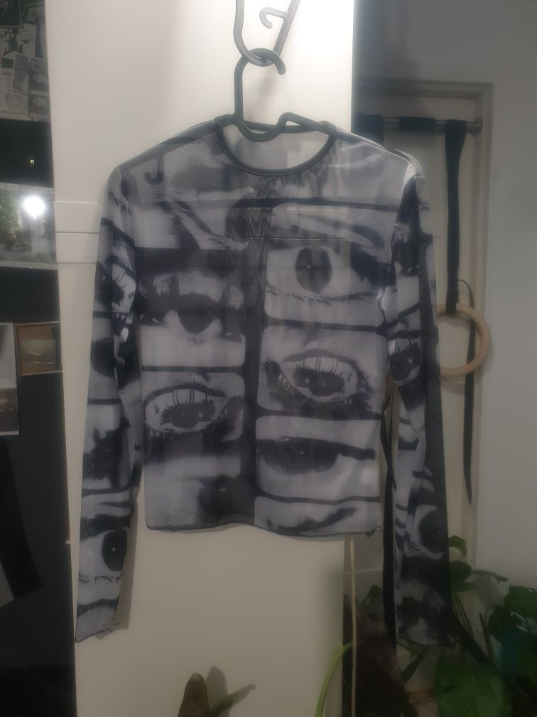 Turtleneck bluzka mesh siateczka z nadrukiem oczu