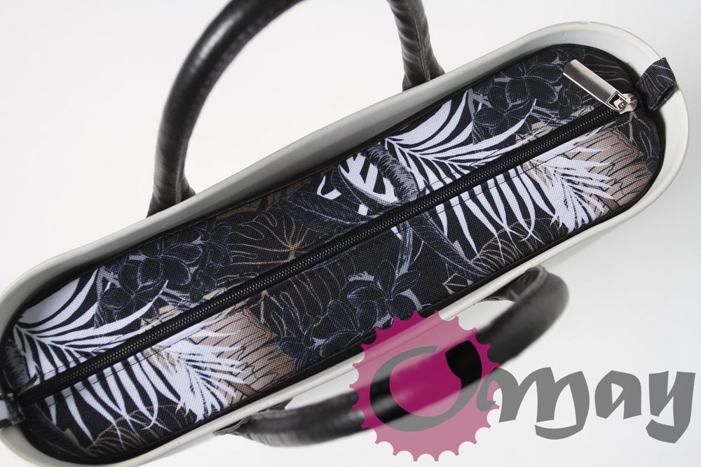 Czarny organizer OBAG MINI kwiaty liście beż szary 2 kieszenie OMAY