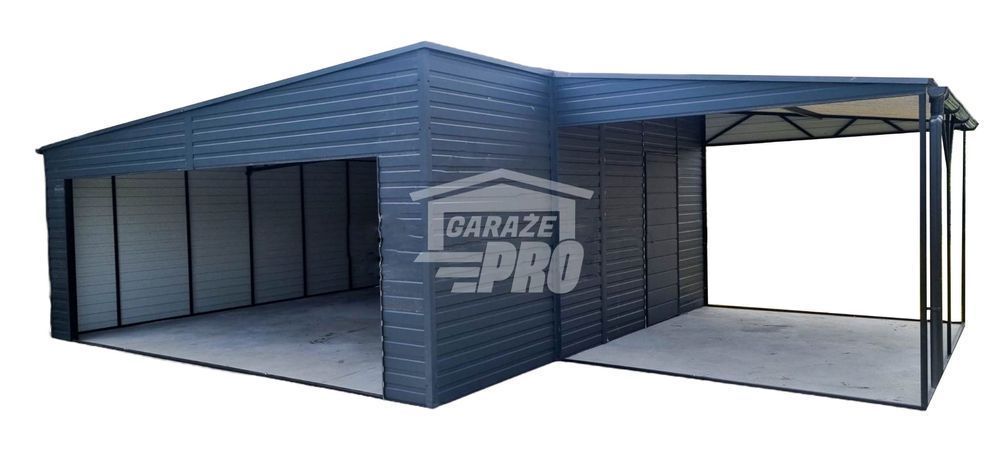 Garaż blaszany 7x6 + wiata + drzwi  Antracyt  Dach dwuspadowy GP128
