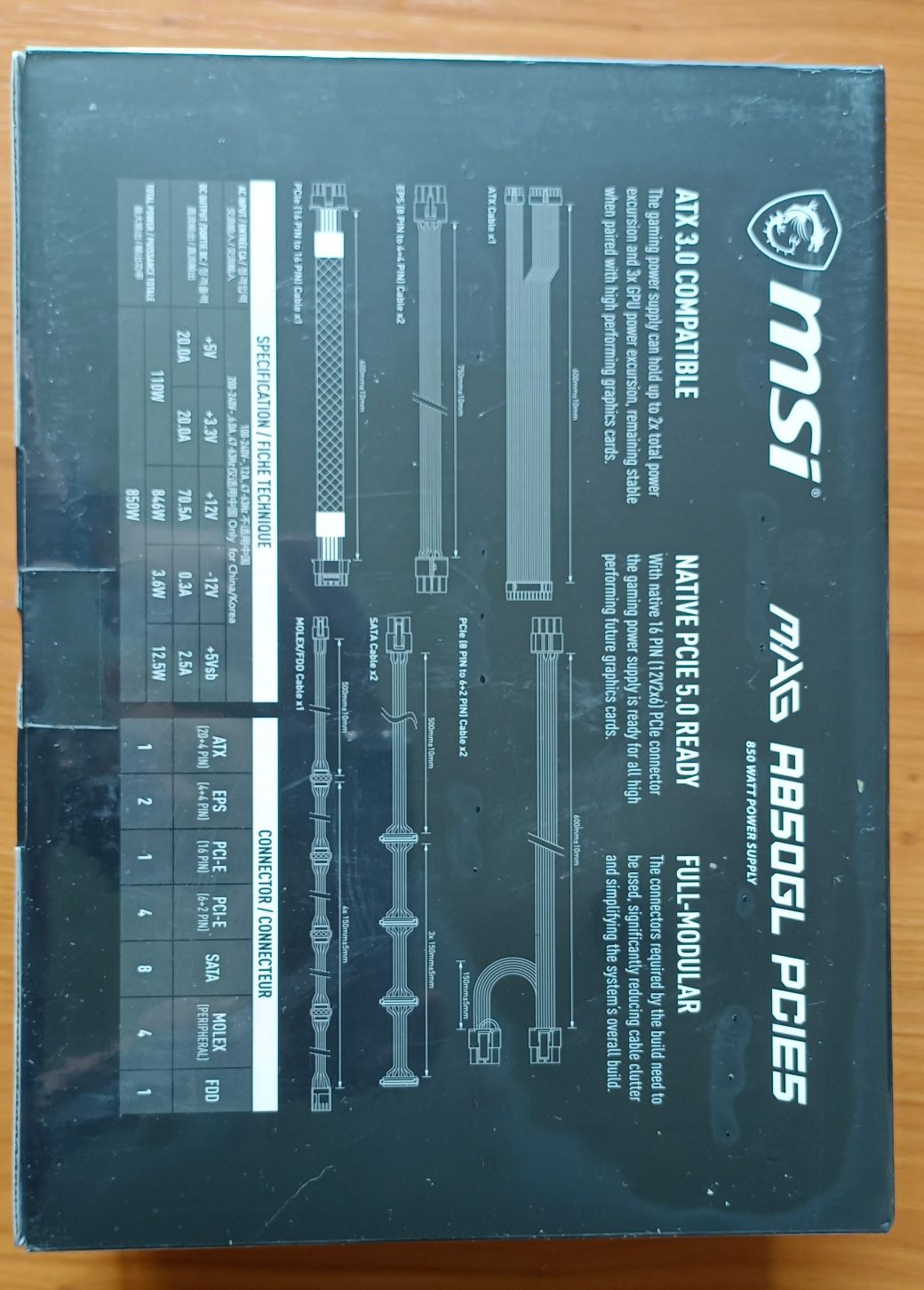 Zasilacz MSI A850GL 850W ATX 3.0 PCIE 5.0