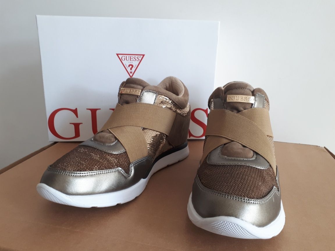 Sneakersy Guess buty zlote cekiny koturny nowe 41