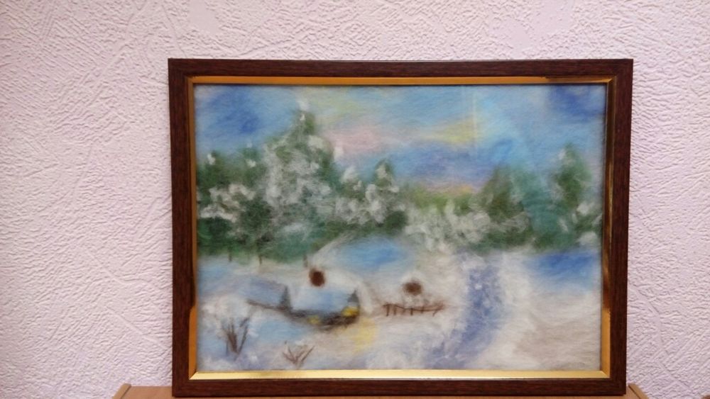 Картина из шерсти. Зимний пейзаж. Подарок на Новый год. Снегири