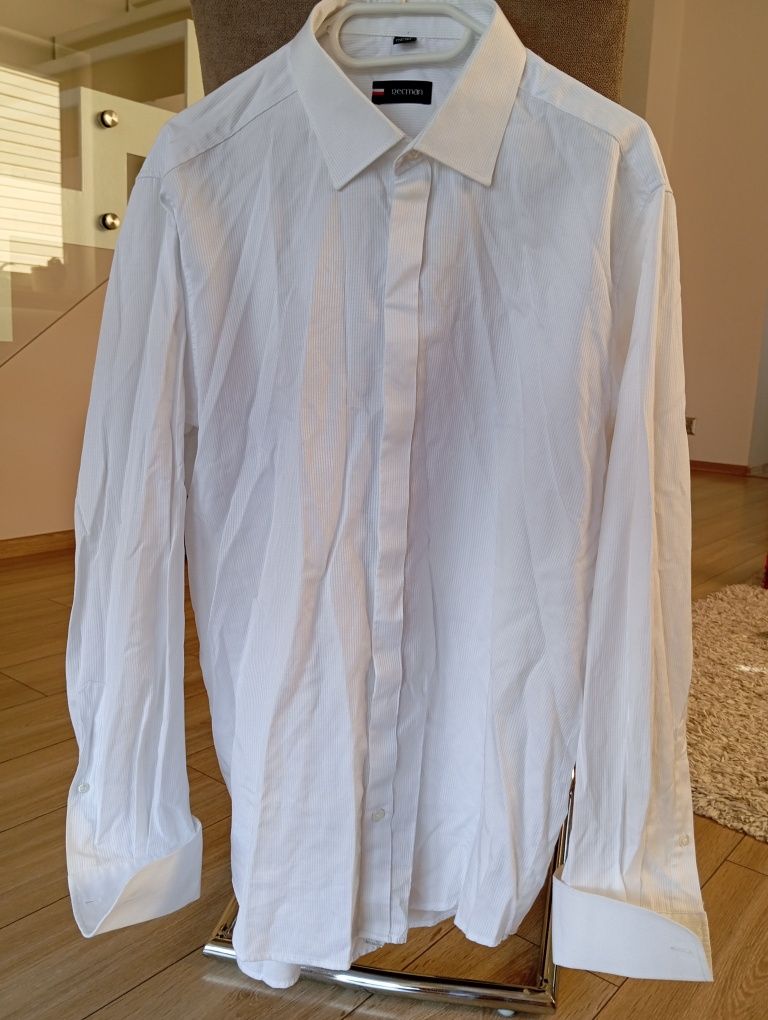 Elegancka biała koszula męska na spinki 42/L Recman