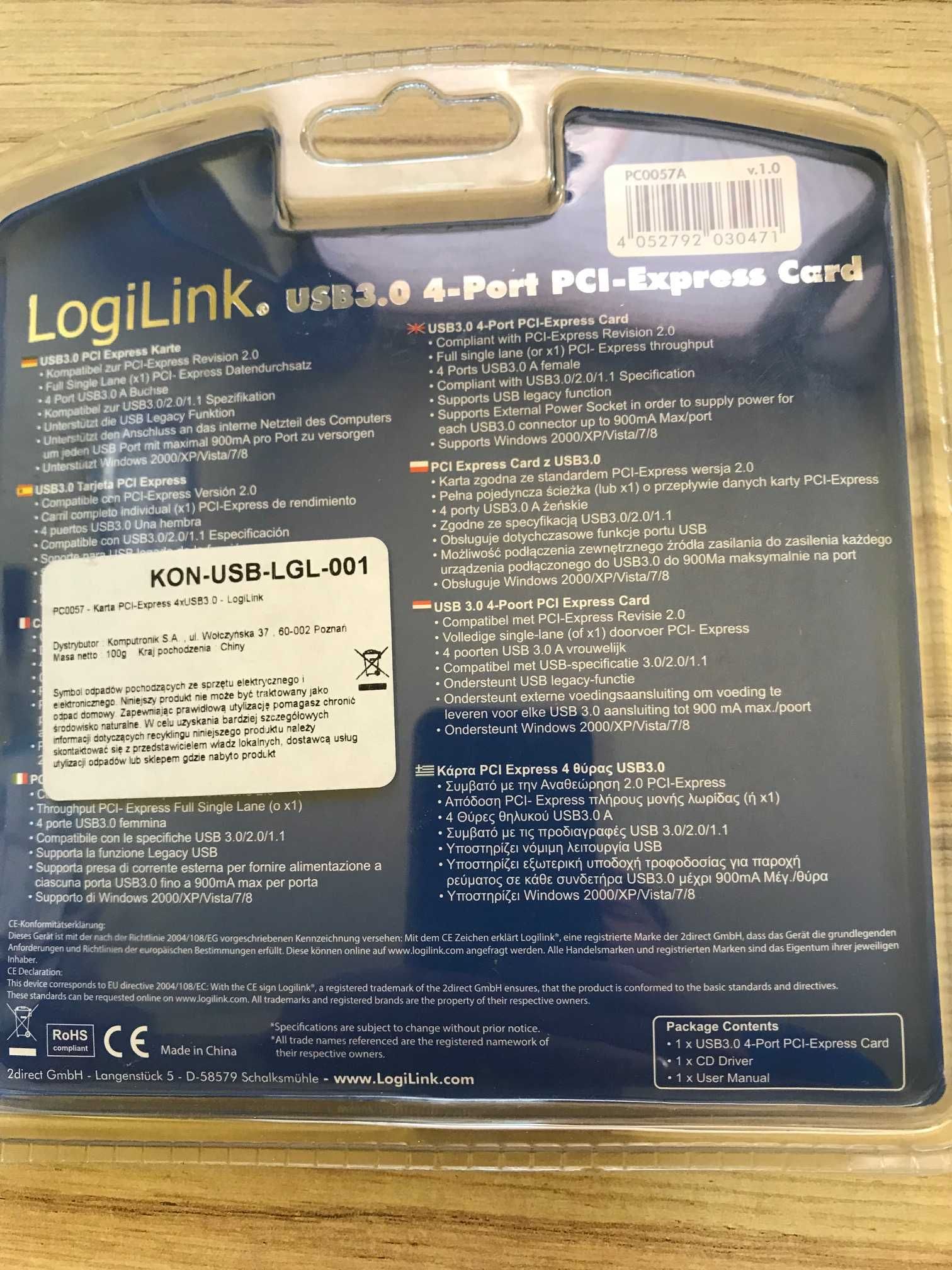 LogiLink kontroler PCI-E 4x USB 3.0 karta sieciowa