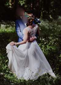 Suknia ślubna zwiewna koronka rozcięcie ecru 36 165 cm La Petra