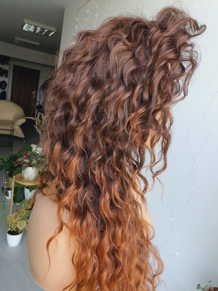 Długa peruka fale loki afroloki brąz ombre naturalna fryzura