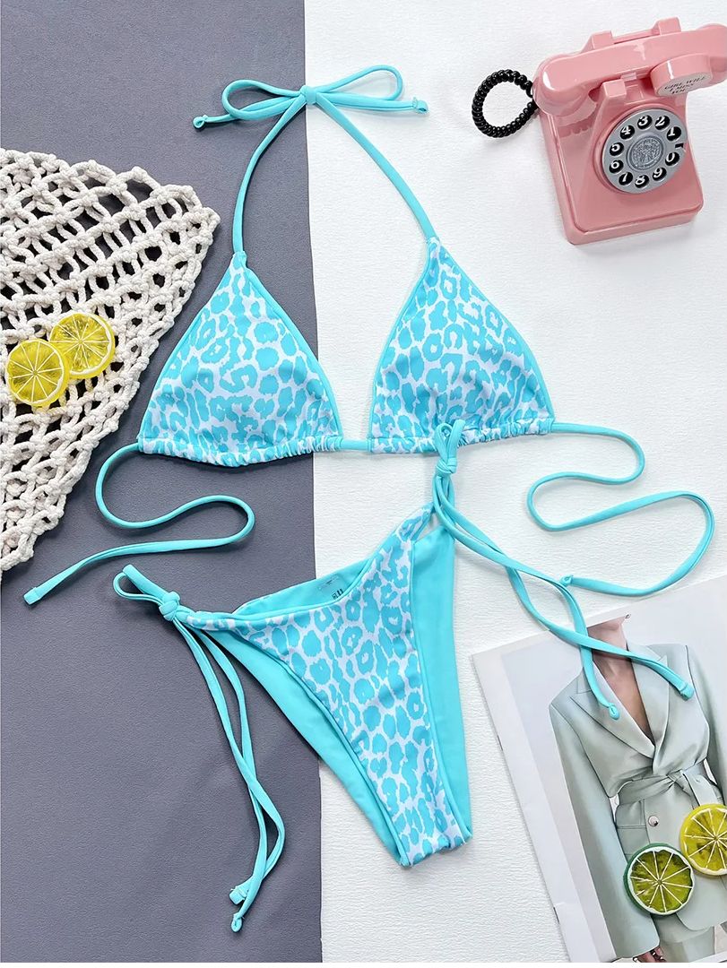 Strój Kąpielowy BIKINI Stringi SEXY Neon Wiązane Panterka - M