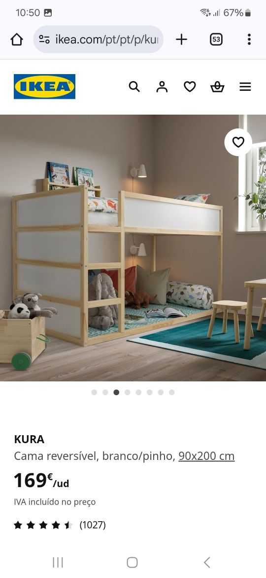 Cama criança KURA com dossel rosa ou verde
Cama reversível, branco/pin