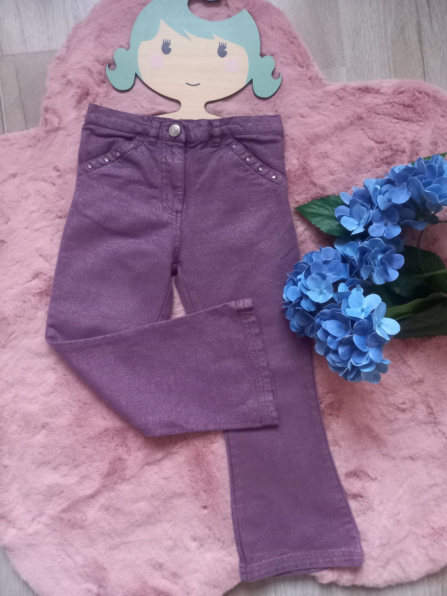 Spodnie dzwony fiolet srebrną nitką girl2girl 5-6 lat 116 cm