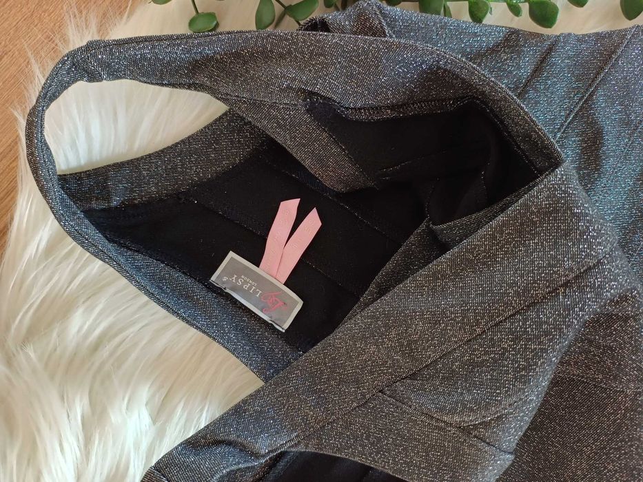 mała czarna srebrna mini dopasowana bandażowa sukienka 44 46 zcekinami