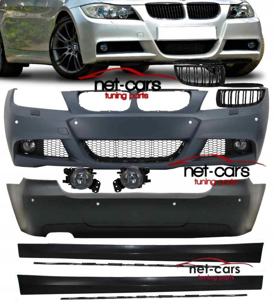 Zderzak przód i tył + grill + halogeny + progi BMW 3 E90 05-09 PDC SWR