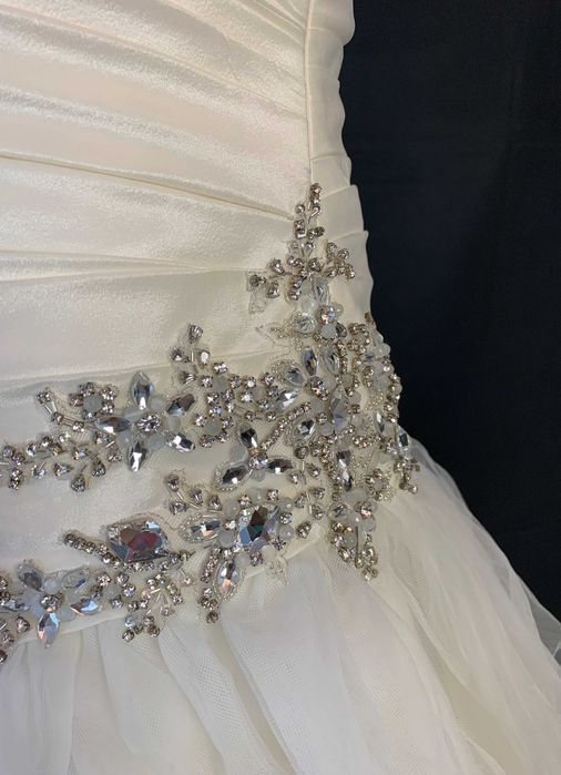 Nowa z metką luksusowa suknia ślubna glamour falbany ivory tren 42 XL