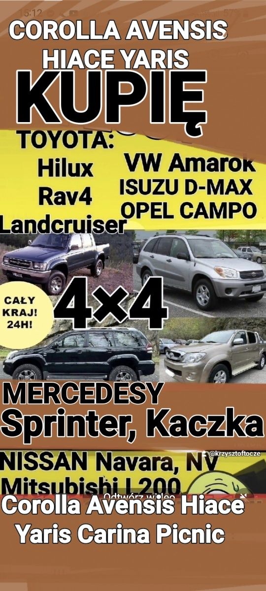 Skup aut Toyota Corolla Hilux Mercedes Sprinter Kaczka