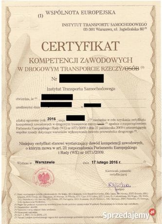 Certyfikat Kompetencji Zawodowych w drogowym przewozie Rzeczy