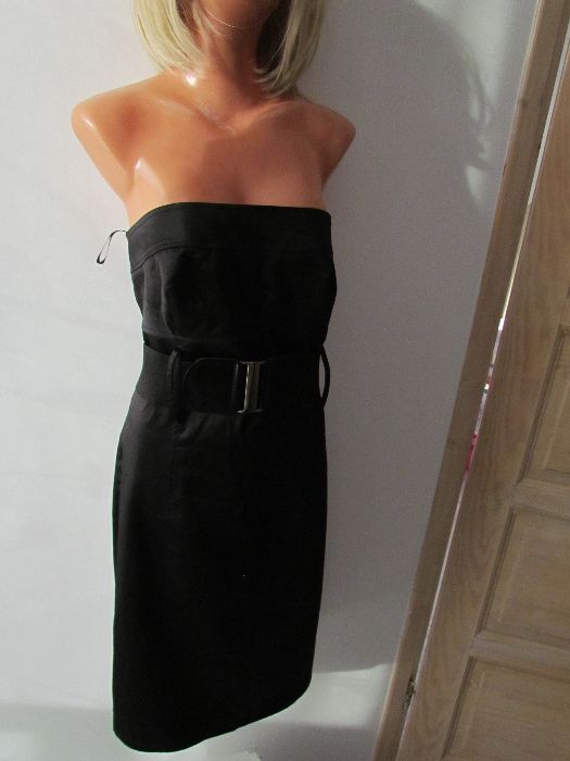 czarna elegancka sukienka tuba z paskiem satynowa M 38, bez ramiączek
