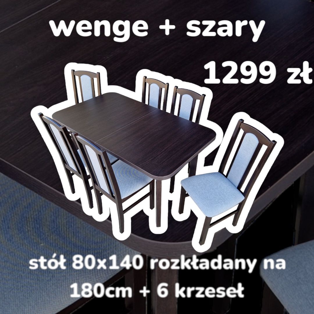 Nowe: Stół rozkładany + 6 krzeseł,  wenge + szary , dostawa PL