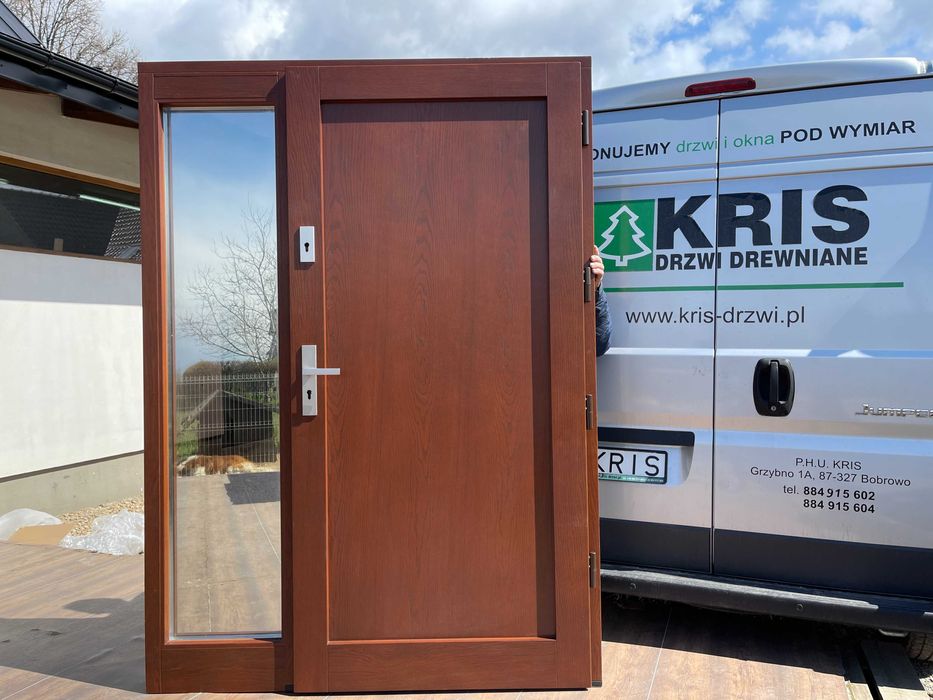 Drzwi zewnętrzne drewniane ocieplane z naświetlem MONTAŻ CAŁA POLSKA