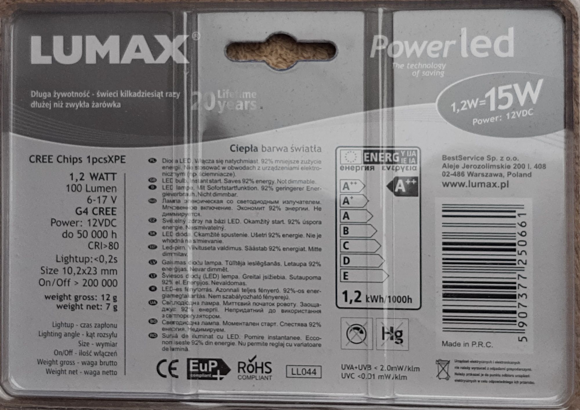 Żarówka LED 1,2W=15W G4, nowa w blistrze, 12V 3000K 100Lm firmy Lumax