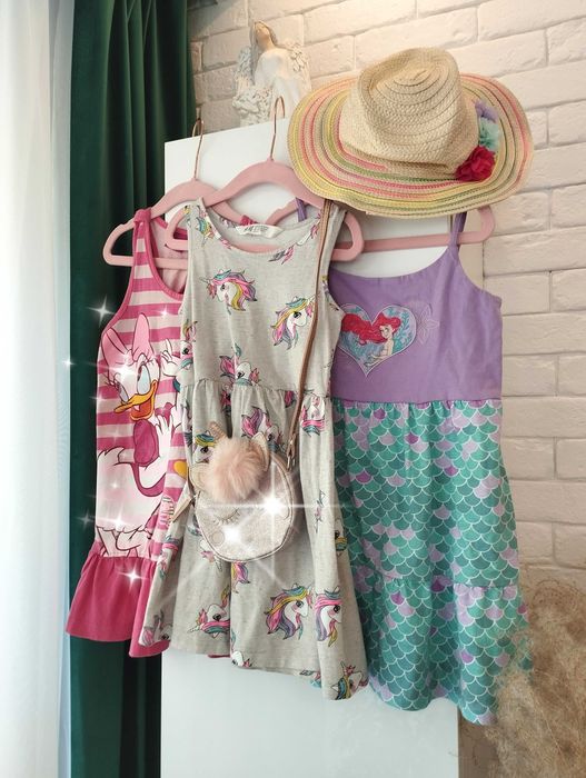 3 sukienki Arielka syrenka jednorożec Daisy torba czapka 110/116
