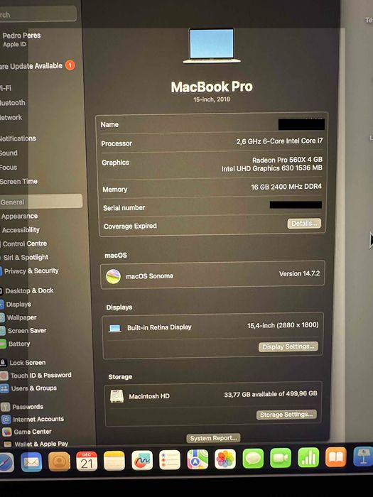 Apple MacBook Pro 15'' 2018 16GB Ram 512GB SSD i7 2,6Ghz