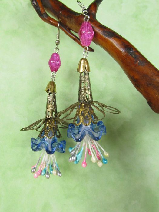 Kolczyki kwiatki ażurowe niebieski srebrny różowy złoty eko handmade