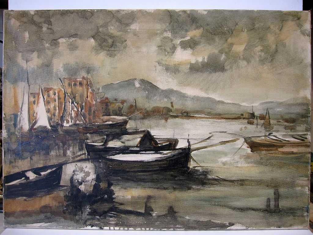 pintura em óleo sobre tela - paisagem marítima com barcos