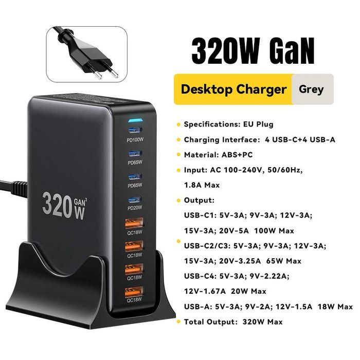Потужний Зарядний пристрій Essager 320W GaN 4Type-C plus 4USB