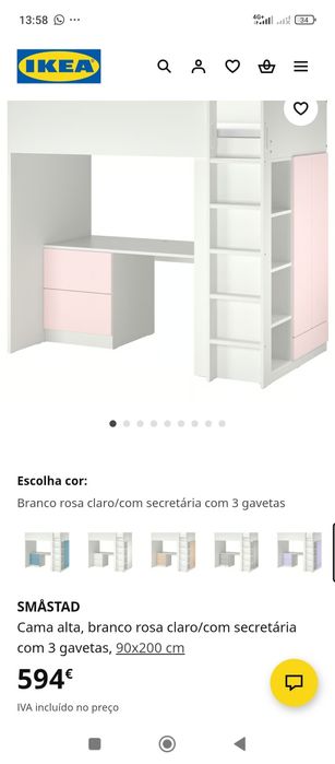 Cama alta, com secretária com 4 gavetas e roupeiro SMÅSTAD (IKEA)