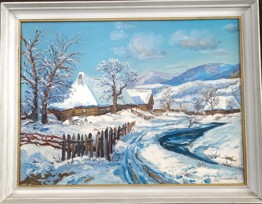 Pejzaż zimowy, obraz olejny Lidii Samborskiej z 1988 r.