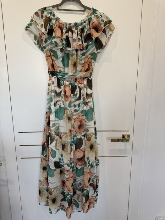 Sukienka długa maxi hiszpanka listki kolorowa uni S-M