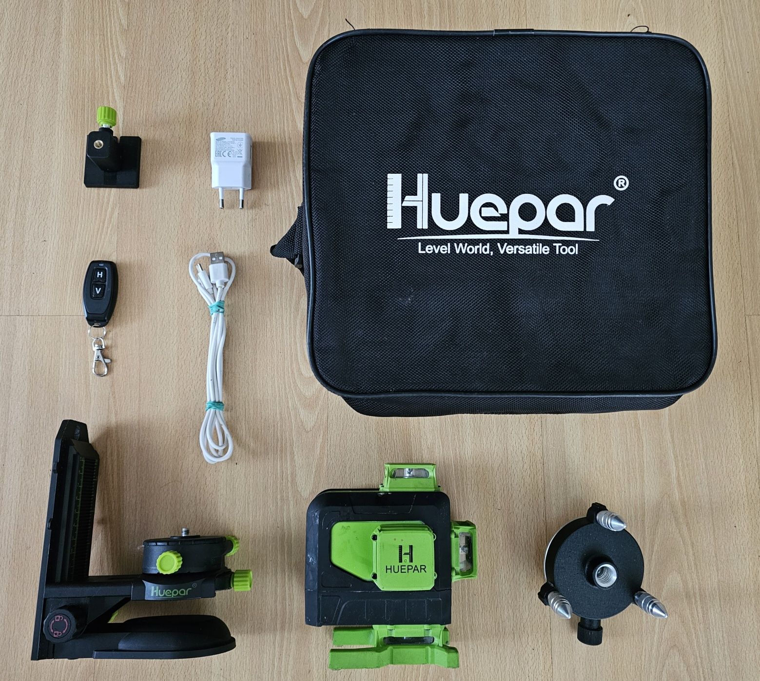 HUEPAR 904DG Aku Laser ZIELONY Wieloliniowy 360° 16-Lini Pilot ZESTAW
