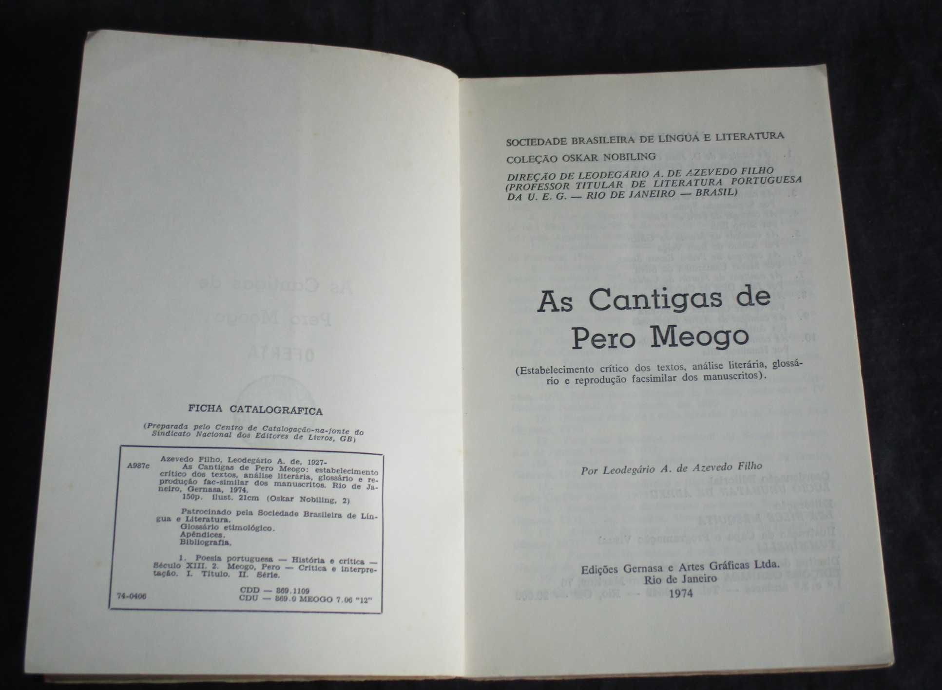 Livro As Cantigas de Pero Meogo Leodegário A. De Azevedo Filho