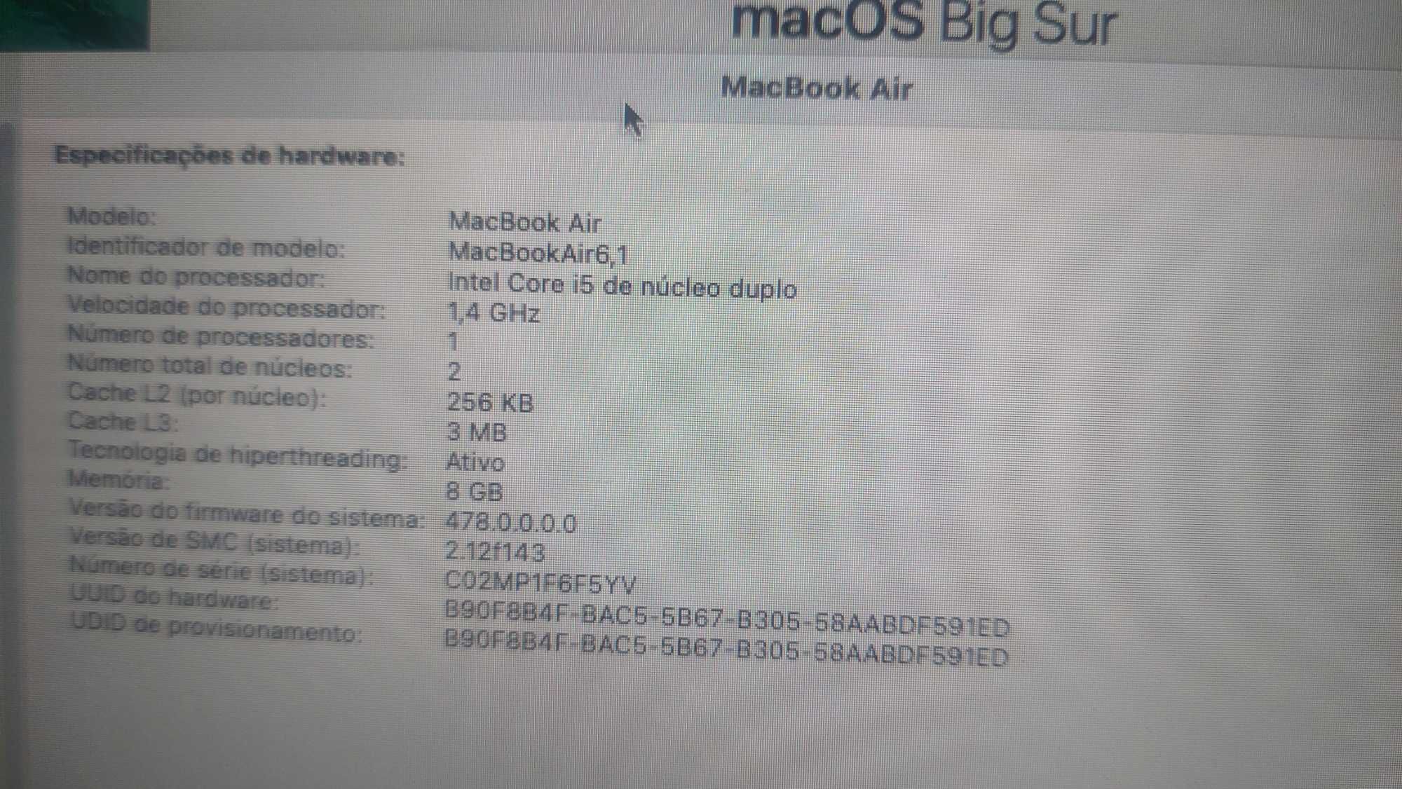 Macbook Air 11" 2013 i5 1.4Ghz 8GB RAM 128GB HDD Bigsur 11.7.10