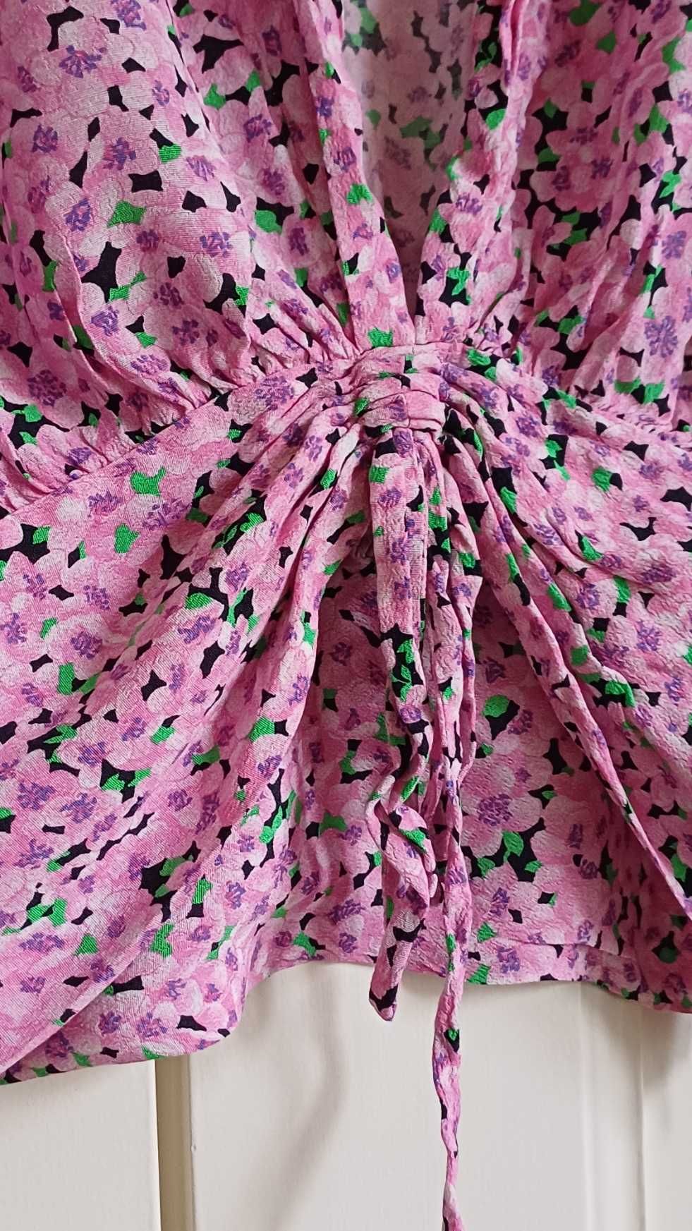 zara printed blouse with gathered detail