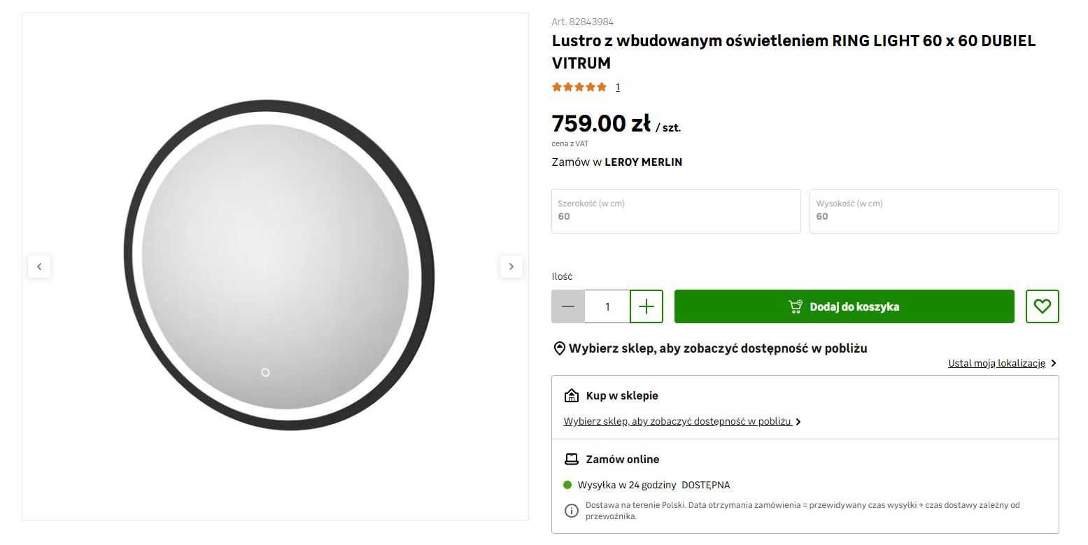 Lustro LED z wbudowanym oświetleniem RING LIGHT 60x60 DUBIEL VITRUM