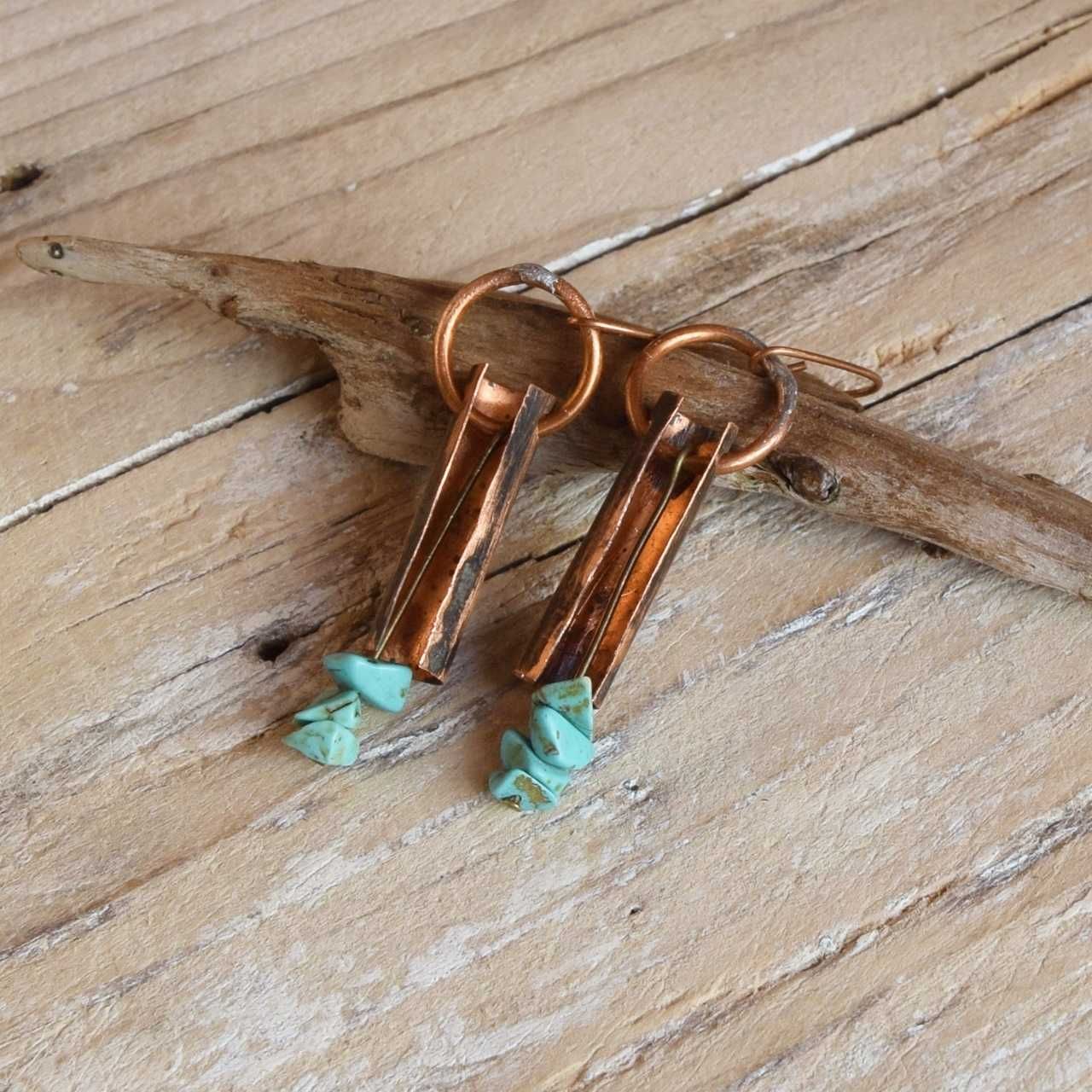 Kolczyki z kutej, oksydowanej miedzi i turkusu /55/ biżuteria handmade