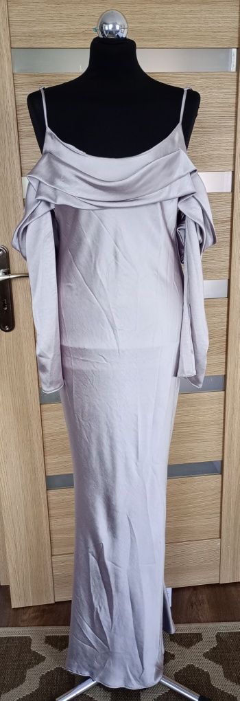 ASOS Srebrnoszara sukienka maxi 40 z odkrytymi ramionami wesele druhna