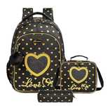 Pack Escolar coração preta/dourada 3 peças